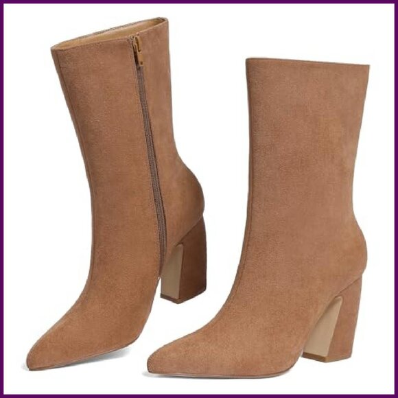 Women's Suede Ankle Boots Pointed Toe 3.35" Heel Wide Calf Winter Booties - Picture 2 of 8